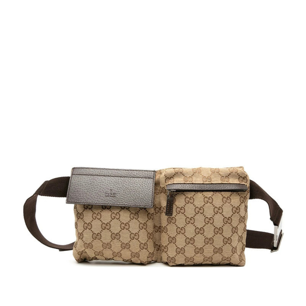 Gucci GG Canvas Waist Belt Bag Beige Cream Brown Leather